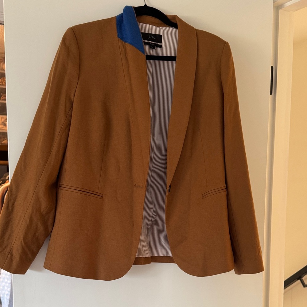 J. Crew Tan Blazer with Blue Collar Detail